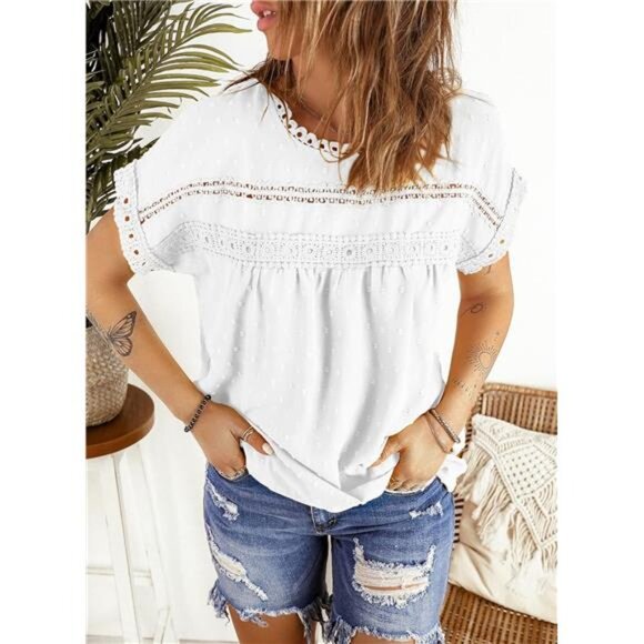 Womens Summer Tops Crewneck Lace Crochet Short Sleeve Shirts Chiffon Blouses - Picture 3 of 7